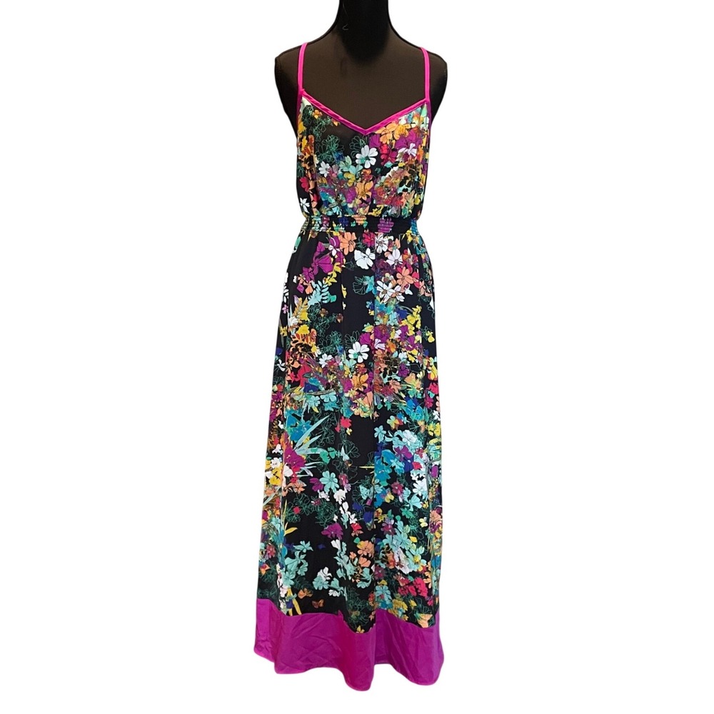 Nicole by Nicole Miller Floral Maxi Dress Smocked Waist Magenta Trim Size 8